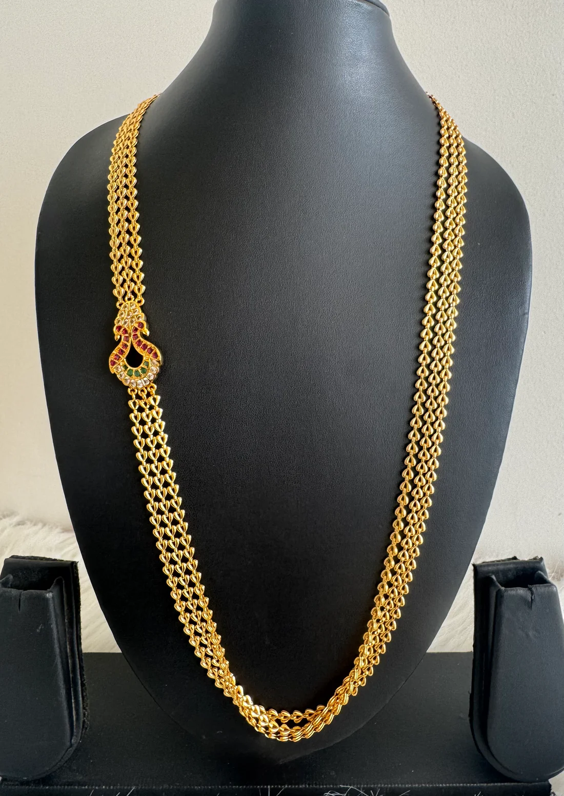 Gold tone Ruby Green White Triple Layer Peacock Mugappu Chain - 24 Inches